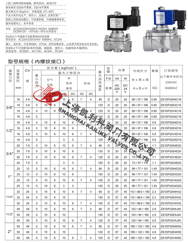 ZS直動式電磁閥技術參數(shù)